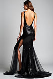 Deep V-Neck Long Sparkly Mermaid Black Tie Dress