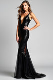 Deep V-Neck Long Sparkly Mermaid Black Tie Dress