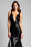 Deep V-Neck Long Sparkly Mermaid Black Tie Dress