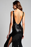 Deep V-Neck Long Sparkly Mermaid Black Tie Dress