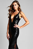 Deep V-Neck Long Sparkly Mermaid Black Tie Dress