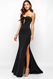 Mermaid Bow Black Keyhole Strapless Long Black Tie Dress with Slit