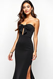 Mermaid Bow Black Keyhole Strapless Long Black Tie Dress with Slit