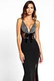 Mermaid V-Neck Black Bow Long Beaded Black Tie Dress with Slit
