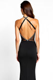 Mermaid V-Neck Black Bow Long Beaded Black Tie Dress with Slit