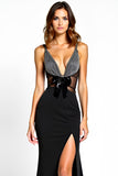 Mermaid V-Neck Black Bow Long Beaded Black Tie Dress with Slit