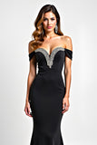 Off the Shoulder Black Mermaid Long Cut-Out Beaded Black Tie Dress
