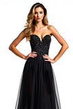Tulle Strapless Black A Line Long Beaded Black Tie Dress