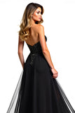 Tulle Strapless Black A Line Long Beaded Black Tie Dress