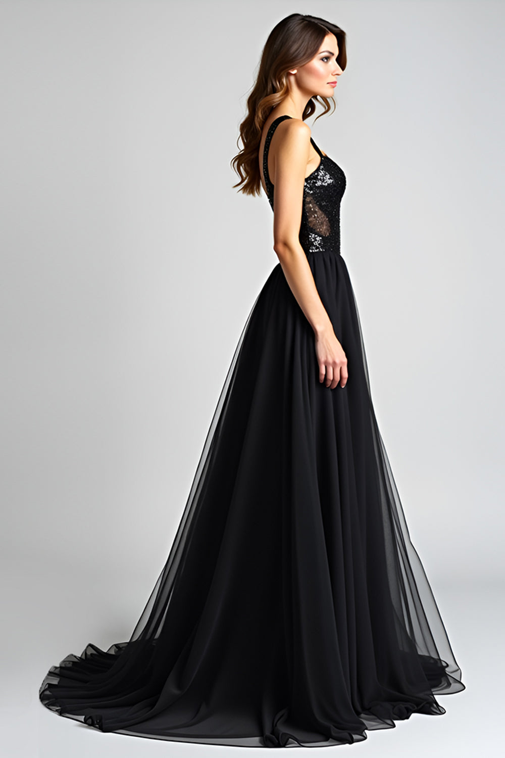 Sparkly Black A Line Long Tulle Sequined Backless Black Tie Dress
