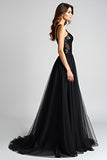 Sparkly Black A Line Long Tulle Sequined Backless Black Tie Dress