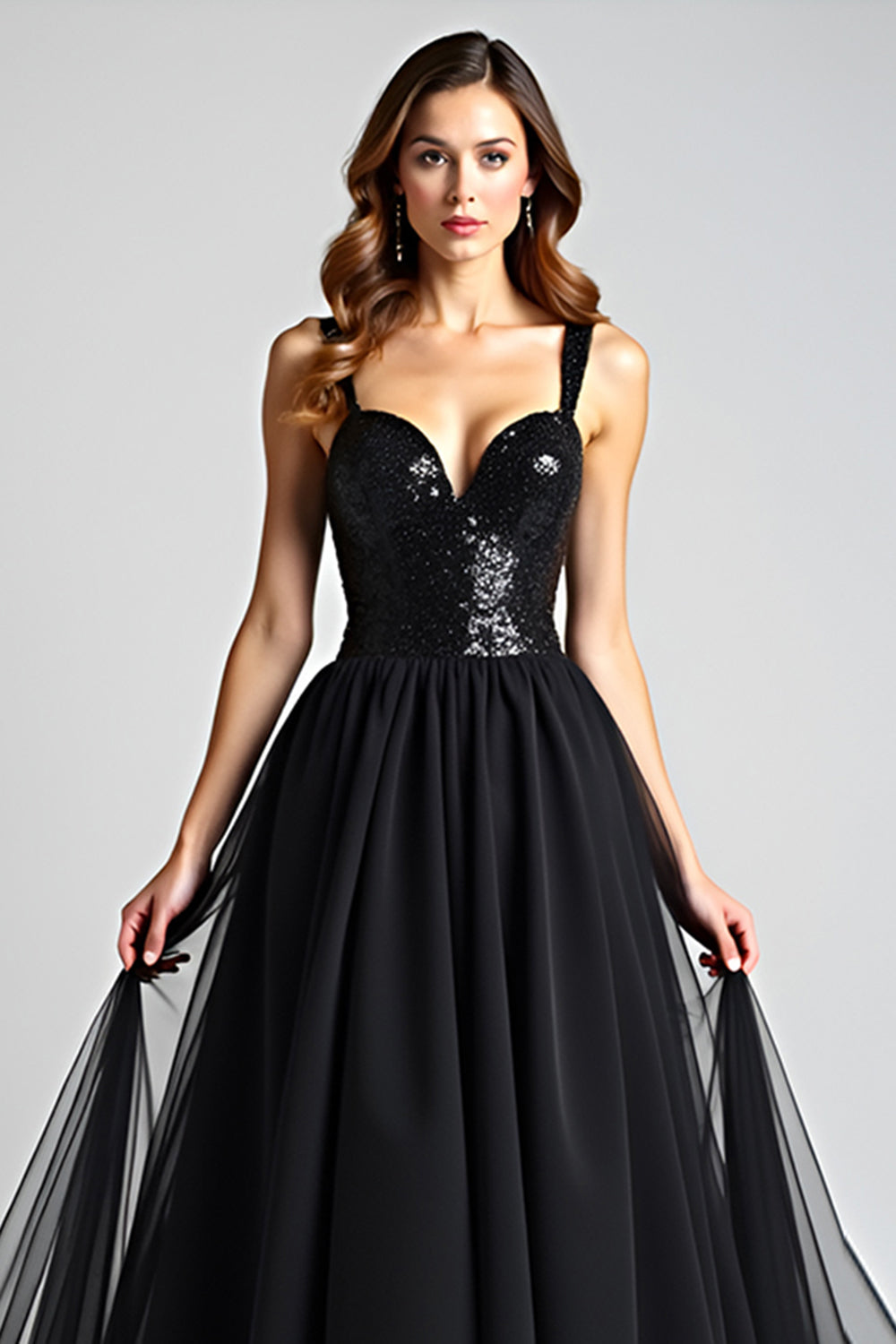 Sparkly Black A Line Long Tulle Sequined Backless Black Tie Dress