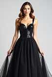 Sparkly Black A Line Long Tulle Sequined Backless Black Tie Dress