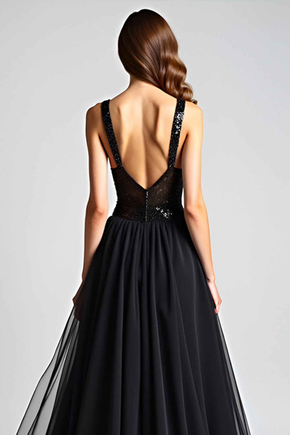 Sparkly Black A Line Long Tulle Sequined Backless Black Tie Dress