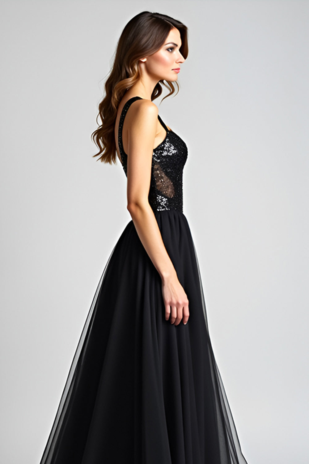 Sparkly Black A Line Long Tulle Sequined Backless Black Tie Dress