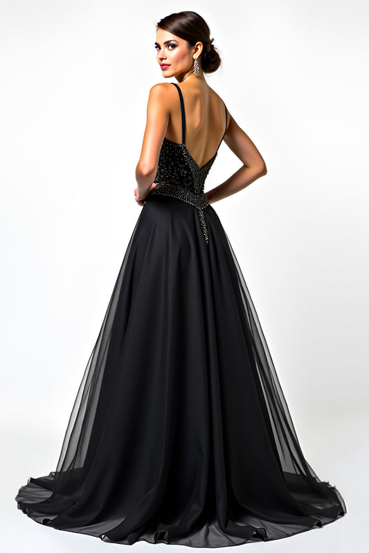Long Beaded Black A Line Tulle V-Neck Black Tie Dress