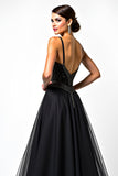 Long Beaded Black A Line Tulle V-Neck Black Tie Dress