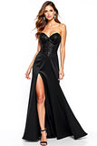 Strapless Corset Black Long Black Tie Dress with Slit