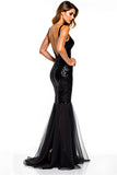 Sequins Long Sparkly Mermaid Tulle Black Tie Dress with Slit