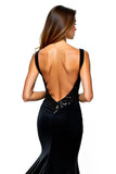 V-Neck Long Black Mermaid Beaded Black Tie Dress with Slit