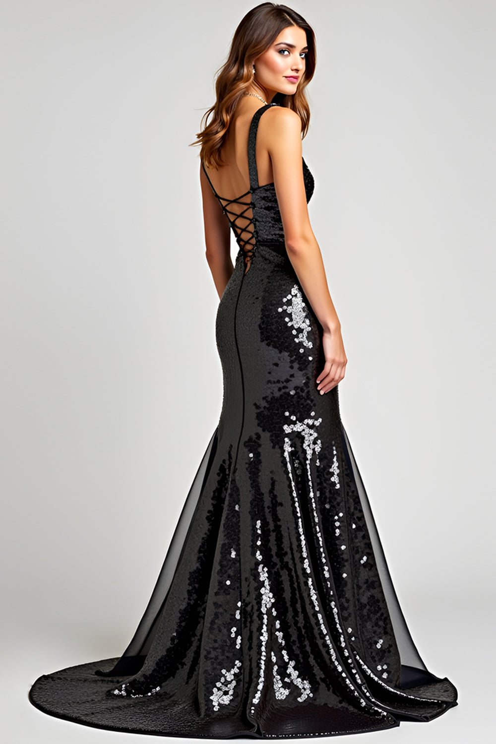 Sparkly Mermaid Lace-Up Back Long Black Tie Dress