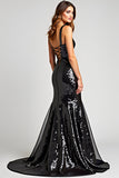 Sparkly Mermaid Lace-Up Back Long Black Tie Dress