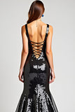 Sparkly Mermaid Lace-Up Back Long Black Tie Dress
