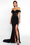 Off the Shoulder Long Black Mermaid Black Tie Dress with Slit