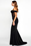 Off the Shoulder Long Black Mermaid Black Tie Dress with Slit