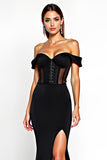 Off the Shoulder Long Black Mermaid Black Tie Dress with Slit