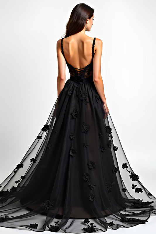 Long Appliqued Black A Line Lace Corset Black Tie Dress