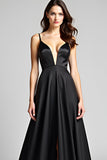 Deep V-Neck Long Black A Line Satin Black Tie Dress with Slit