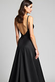 Deep V-Neck Long Black A Line Satin Black Tie Dress with Slit