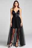 Tulle V-Neck Black A Line Long Satin Black Tie Dress