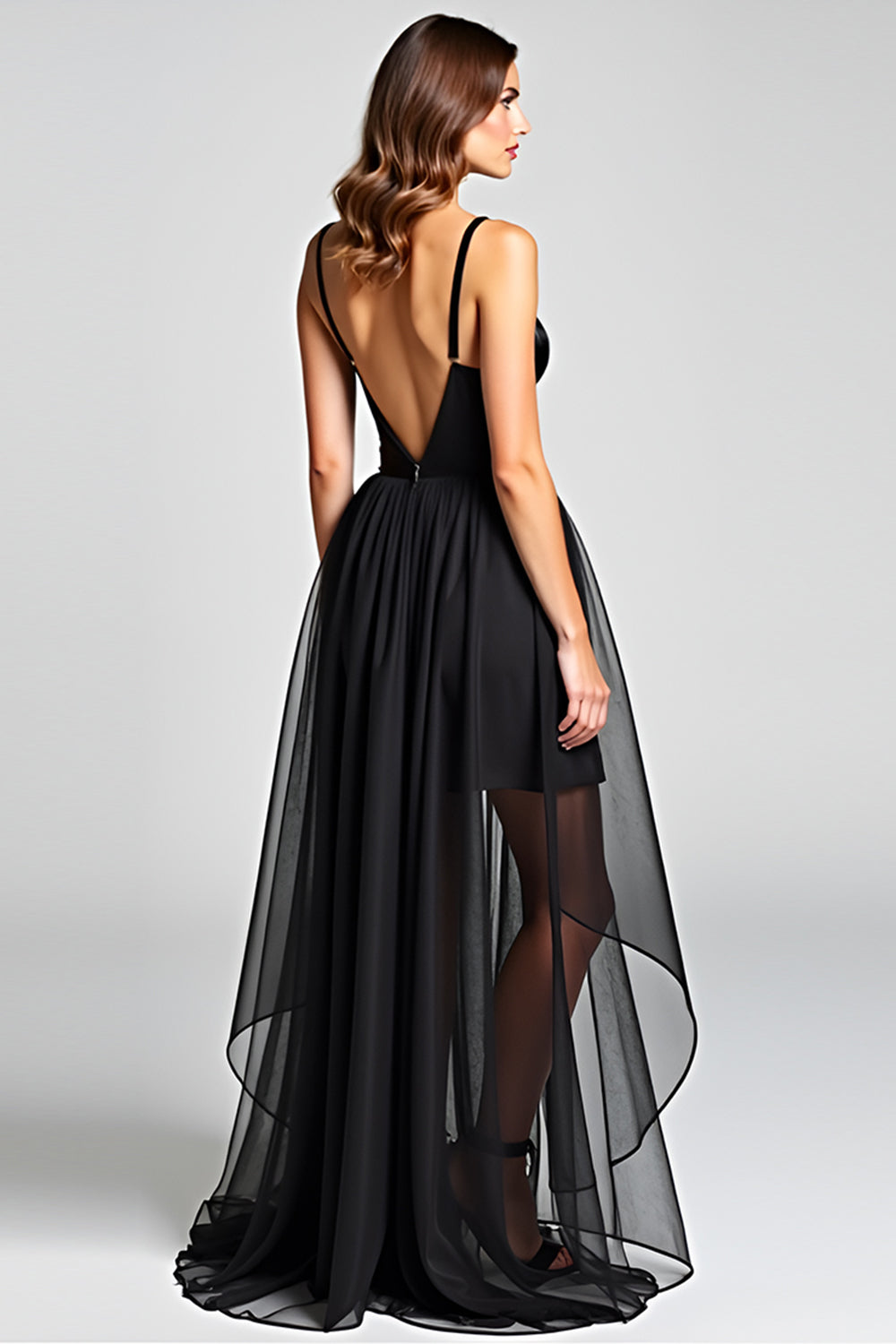 Tulle V-Neck Black A Line Long Satin Black Tie Dress