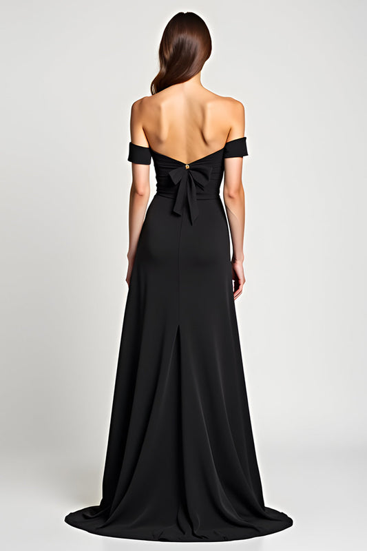 A Line Black Off the Shoulder Long Black Tie Dress with Slit