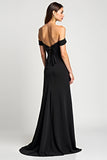 A Line Black Off the Shoulder Long Black Tie Dress with Slit