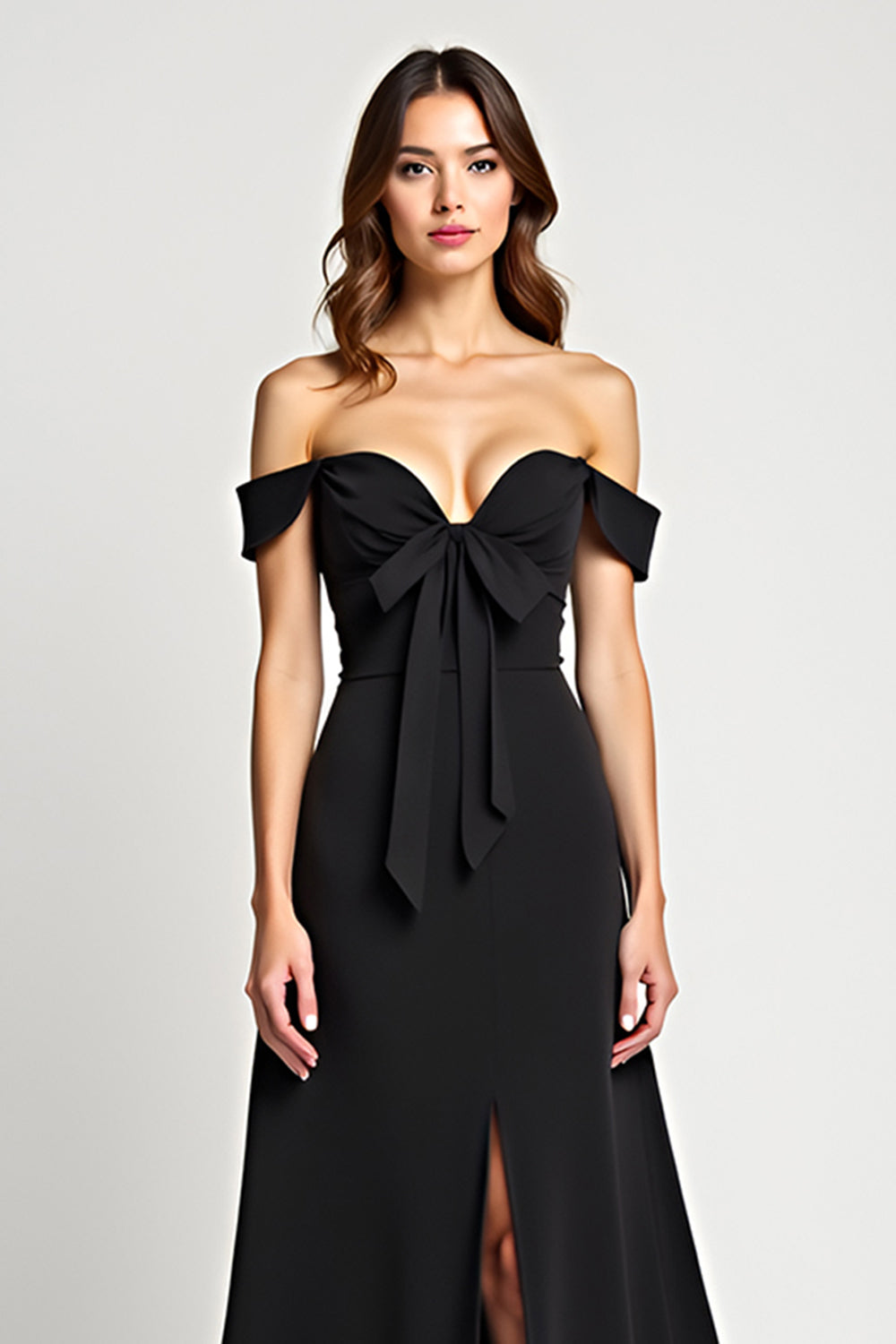 A Line Black Off the Shoulder Long Black Tie Dress with Slit