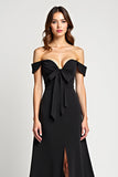 A Line Black Off the Shoulder Long Black Tie Dress with Slit