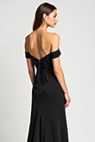 A Line Black Off the Shoulder Long Black Tie Dress with Slit