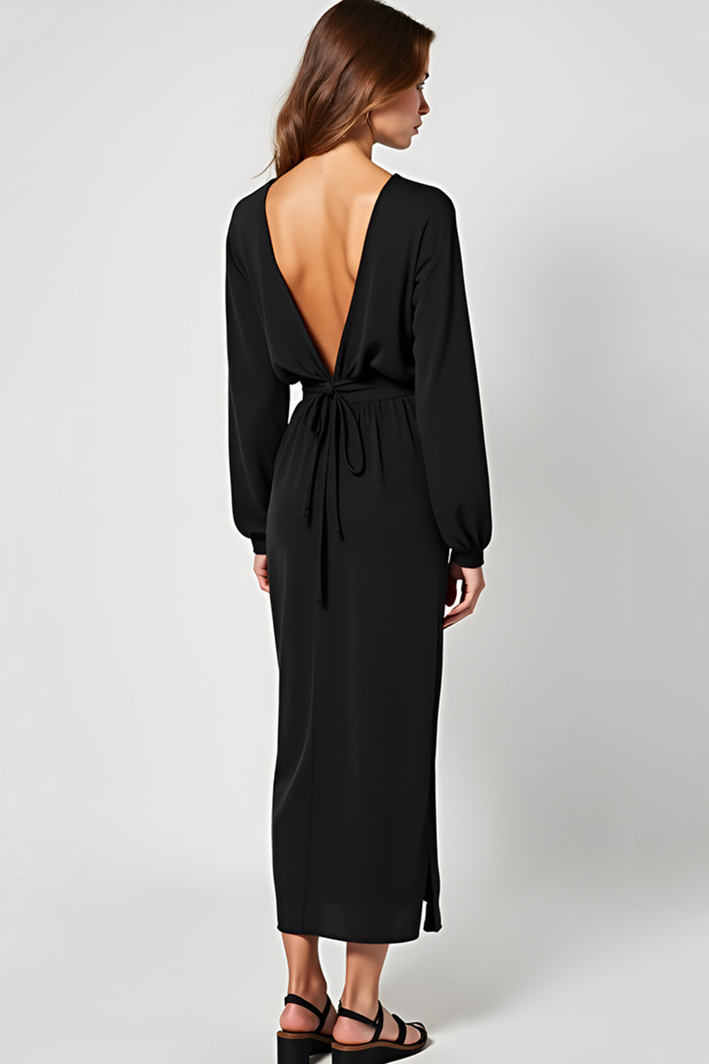 Deep V-Neck Black Tea-Length Black Tie Dress with Long Sleeves