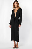 Deep V-Neck Black Tea-Length Black Tie Dress with Long Sleeves