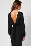 Deep V-Neck Black Tea-Length Black Tie Dress with Long Sleeves
