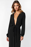 Deep V-Neck Black Tea-Length Black Tie Dress with Long Sleeves
