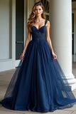Navy Thick Straps A Line Long Prom Dress with Lace