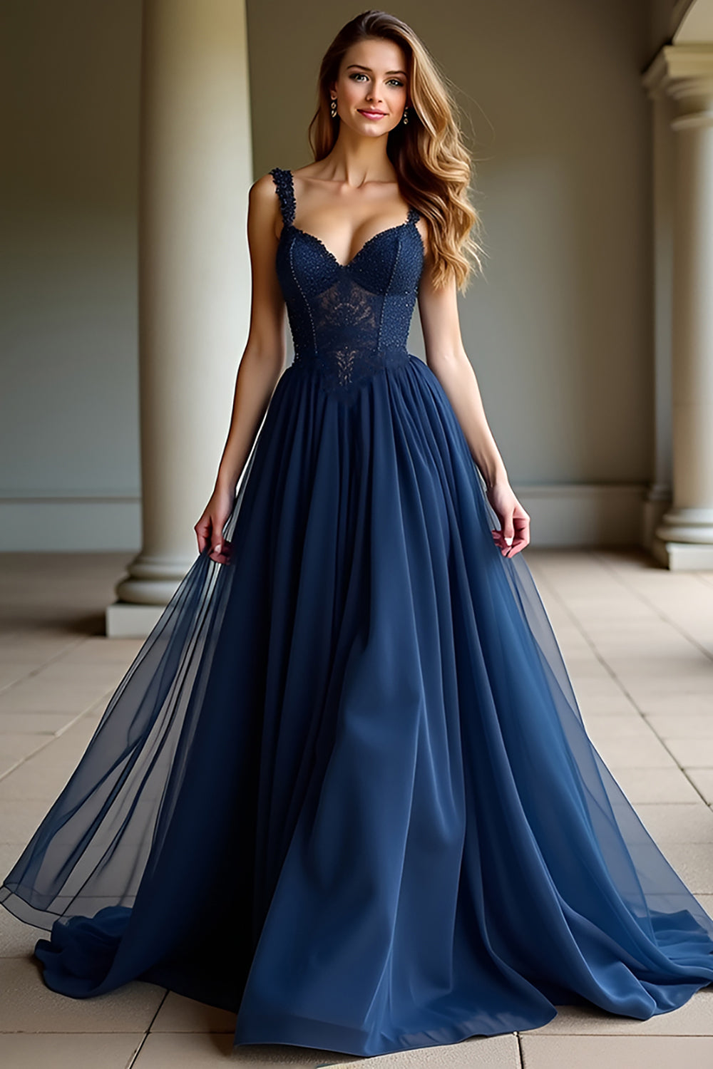 ZAPAKASA Women Flowy Navy A Line Prom Dress with Appliques Lace Long