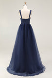 Navy Thick Straps A Line Long Prom Dress with Lace