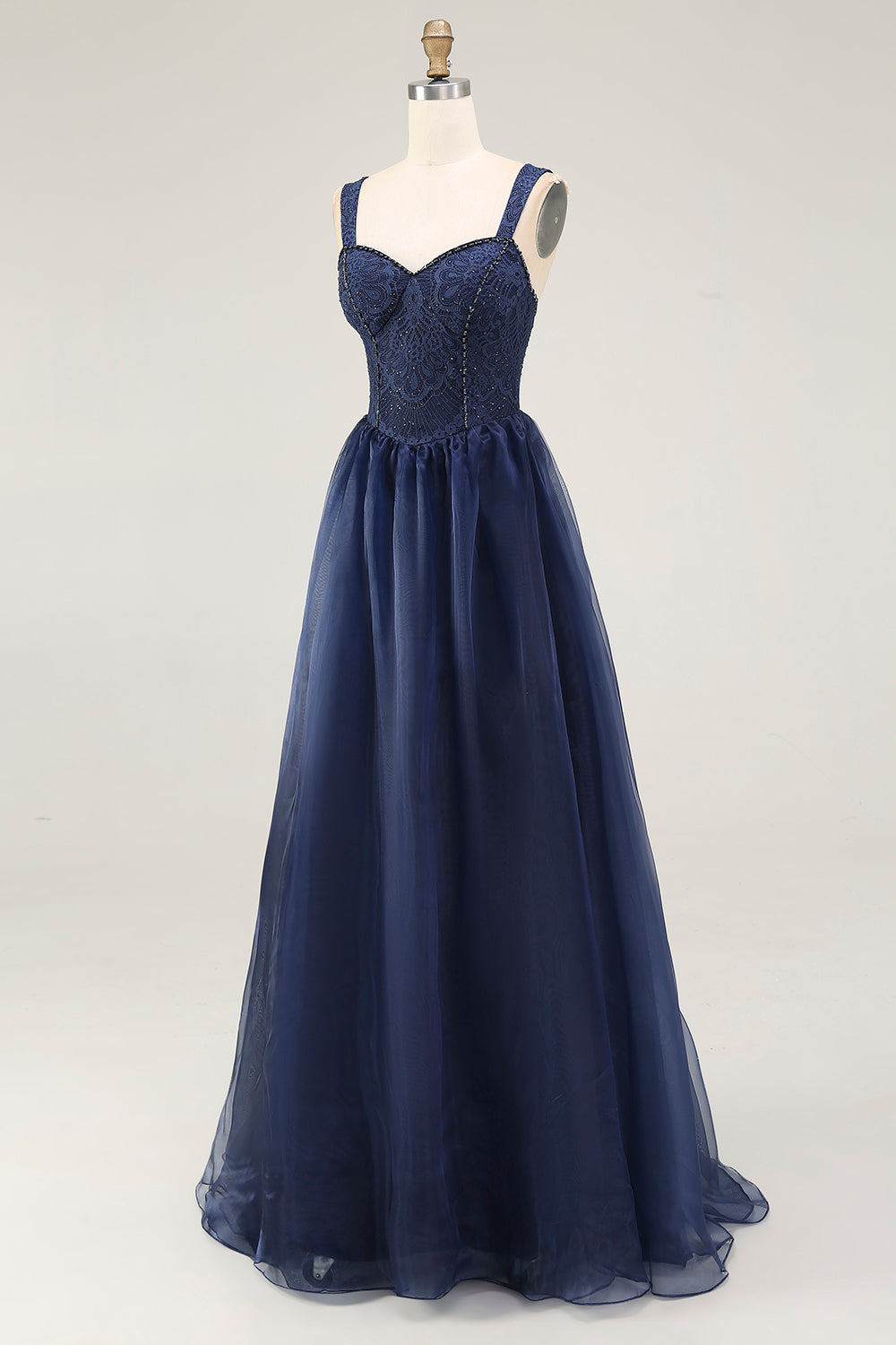 Navy Thick Straps A Line Long Prom Dress with Lace