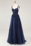 Navy Thick Straps A Line Long Prom Dress with Lace