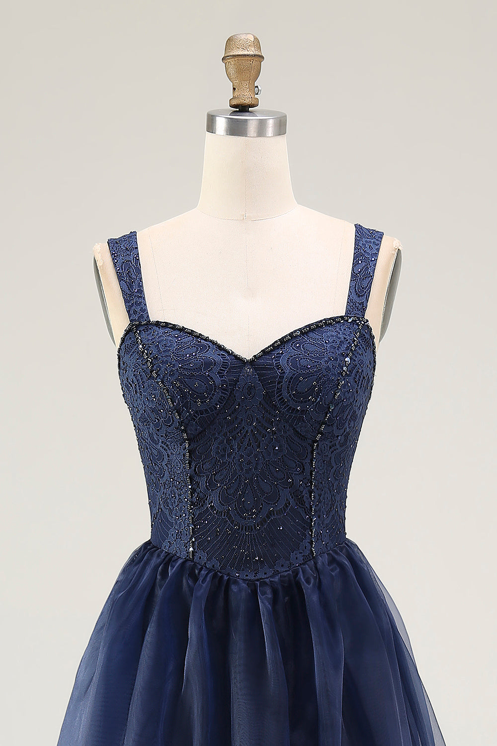 Navy Thick Straps A Line Long Prom Dress with Lace